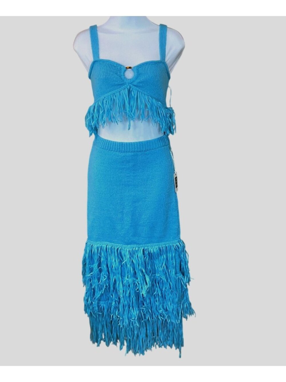 Saylor Ebba Midi 2 piece Knit Skirt Set Cerulean Blue Fringed Hem Small NWT